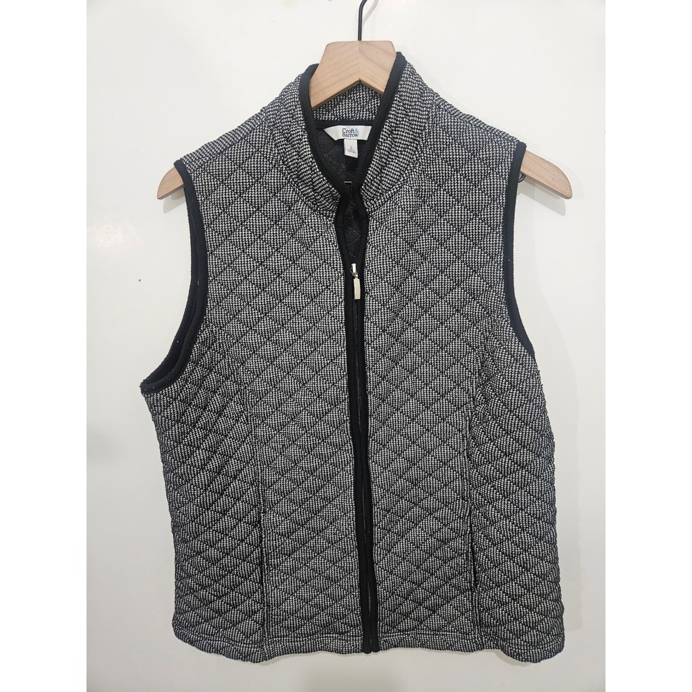 Croft &‎ Barrow Womens Black White Quilted Zip Up Vest Mock Neck Size L RN 73277